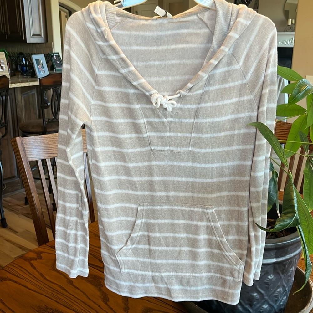 Comfy Light Tan Striped Hoodie Womens XS